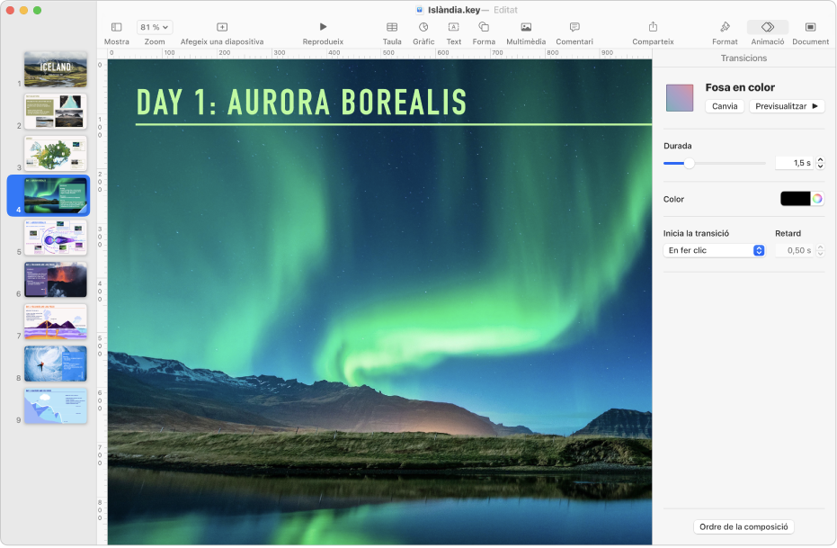 La finestra del Keynote amb una diapositiva seleccionada al navegador de diapositives a la part esquerra de la pantalla. Els controls de “Transicions” apareixen a la barra lateral “Anima”, que està oberta a la part dreta de la pantalla.