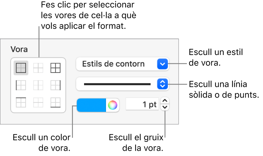 Els controls de la barra lateral per canviar l’aspecte de les vores de les cel·les.