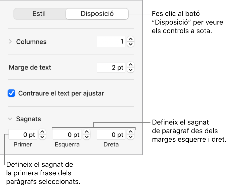 La secció Disposició de la barra lateral Format, amb controls per ajustar el sagnat de la primera línia i els marges de paràgraf.