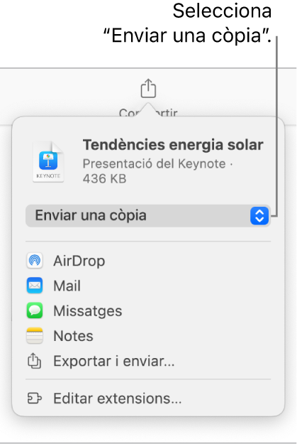 Menú “Comparteix” amb l’opció “Envia una còpia” seleccionada a la part superior.