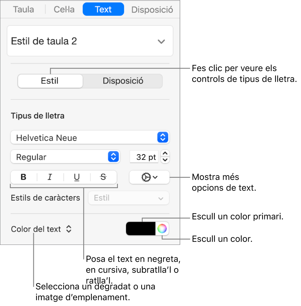 Els controls per aplicar un estil al text d’una taula.