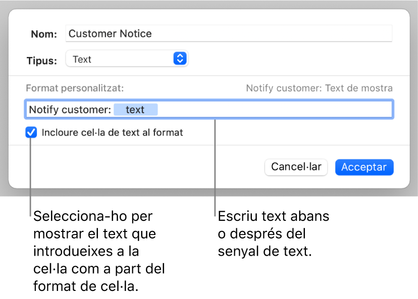 Format personalitzat de cel·la de text.