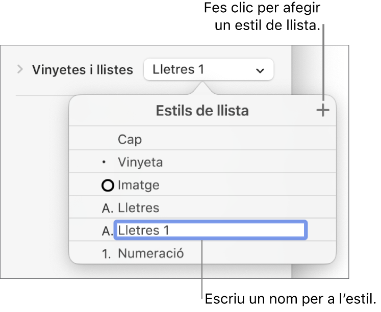 El menú emergent “Estils de llista”, amb un botó “Afegeix” a l’angle superior dret i un nom d’estil de marcador de posició amb el seu text seleccionat.