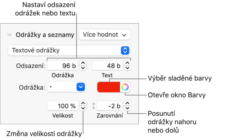 Sekce Odrážky a seznamy s popisky ovládacích prvků pro odsazení odrážek a textu, barvu odrážek, jejich velikost a zarovnání