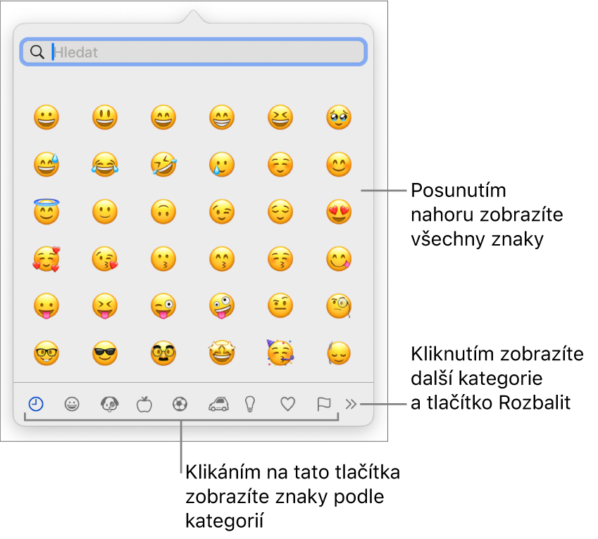 Okno Speciální znaky, obsahující emotikony, tlačítka pro různé typy symbolů u dolního okraje a také popisek tlačítka pro zobrazení okna Znaky v plné velikosti