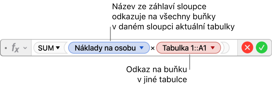 Editor vzorců s trojúhelníčkem, ze kterého se po kliknutí rozbalí volby pro zachování odkazů na řádky a sloupce.