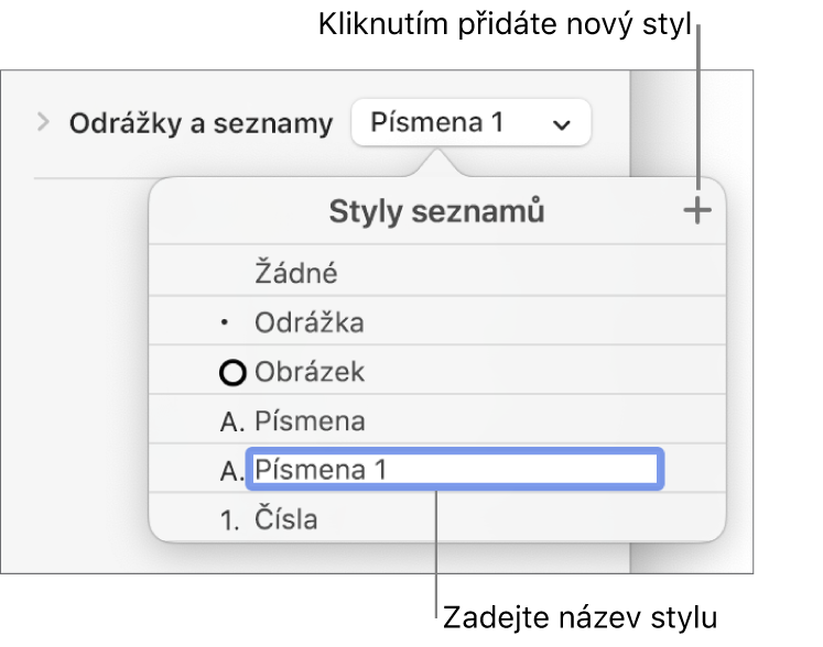 Nabídka Styly seznamů s tlačítkem Přidat v pravém horním rohu a maketou názvu stylu s vybraným textem