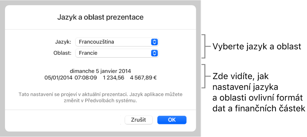 Panel Jazyk a oblast obsahující ovládací prvky pro jazyk a oblast a ukázku formátu, včetně data, času, desetinného oddělovače a měny.