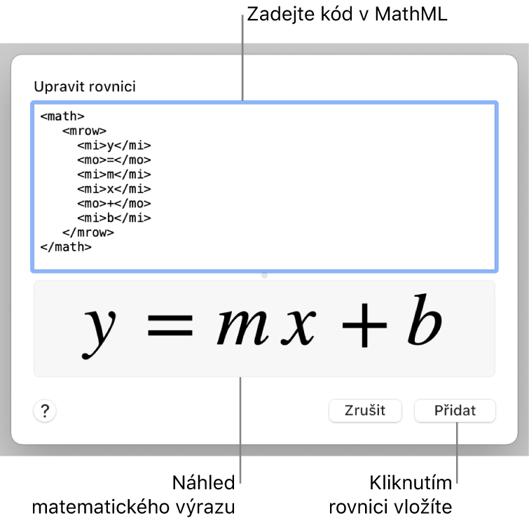 Pole Upravit rovnici obsahující rovnici směrnice přímky a pod ním náhled výsledného vzorce