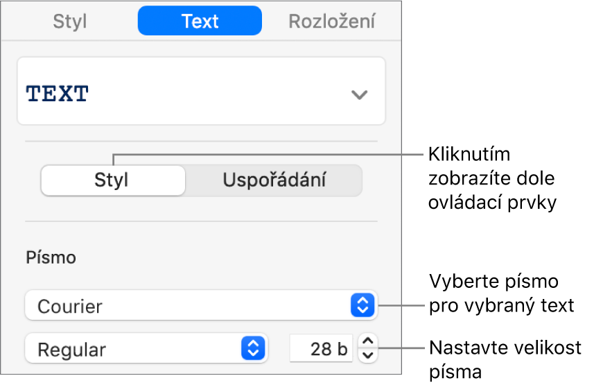 Textové ovládací prvky pro nastavení písma a velikosti písma v části Styl na bočním panelu