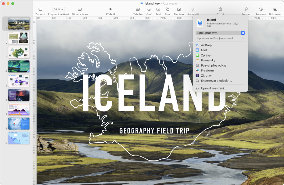 Okno Keynote s nabídkou Sdílet otevřenou z panelu nástrojů