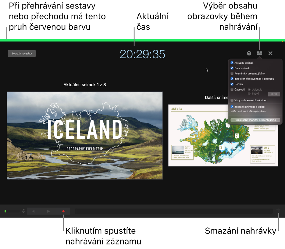 Snímek obrazovky s režimem záznamu hlasu v zobrazení prezentujícího. Jsou zobrazeny aktuální a následující snímek a ovládací prvky zobrazení prezentujícího. U dolního okraje zobrazení jsou vidět ovládací prvky začátku a konce záznamu a smazání záznamu.