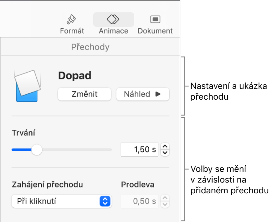 Ovládací prvky Přechody v části Přechody na bočním panelu