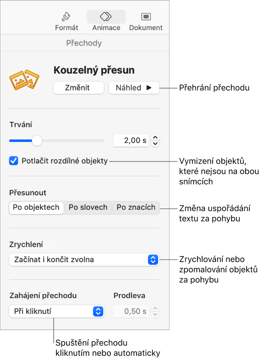 Ovládací prvky přechodu Kouzelný přesun v části Přechody na bočním panelu Animovat