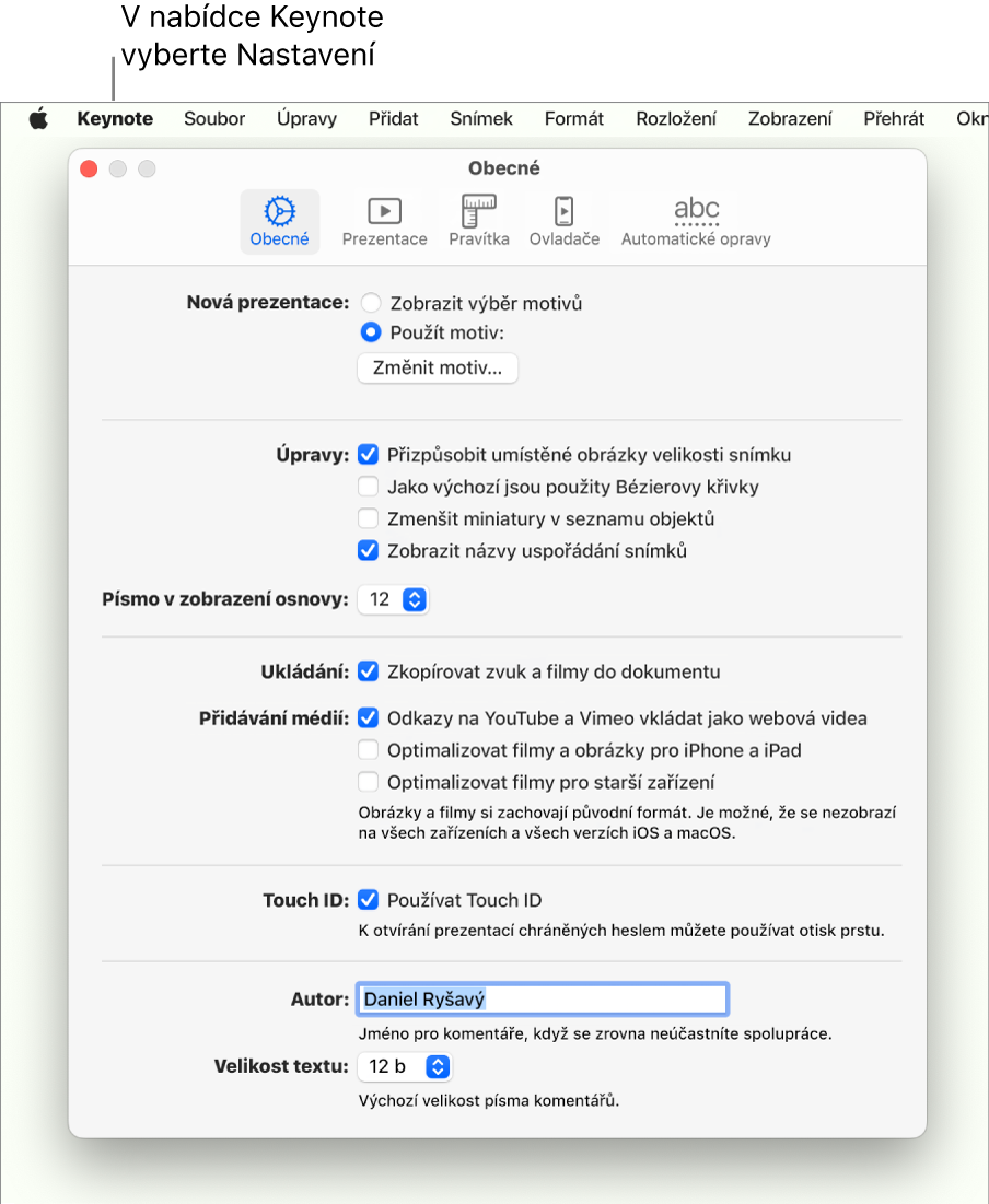 Okno nastavení Keynote otevřené na panelu Obecné