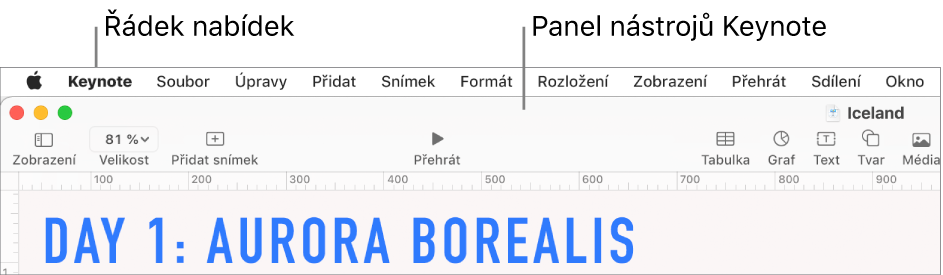 Řádek nabídek u horního okraje obrazovky s nabídkami Apple, Keynote, Soubor, Upravit, Přidat, Formát, Rozložení, Zobrazení, Přehrát, Sdílení, Okno a Nápověda. Pod řádkem nabídek je otevřená prezentace Keynote, v horní části je panel nástrojů s tlačítky Zobrazení, Velikost, Přidat snímek, Přehrát, Tabulka, Graf, Text, Tvar a Média.