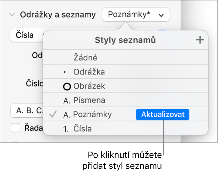 Místní nabídka Styly seznamů s tlačítkem Aktualizovat u názvu nového stylu