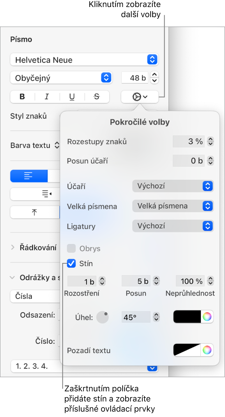 Otevřené Pokročilé volby se zaškrtnutým políčkem Stín a ovládacími prvky pro nastavení rozostření, posunutí, neprůhlednosti a barev