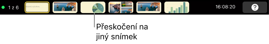 Touch Bar na MacBooku Pro, na němž jsou vidět ovládací prvky pro ukončení prezentace, přeskočení na různé snímky nebo přepnutí monitoru prezentujícího