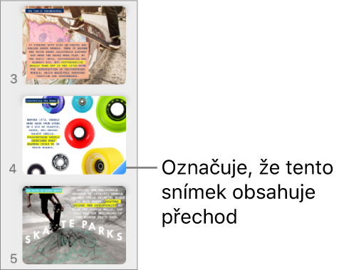 Modrý trojúhelník na snímku značí, že snímek má přechod.