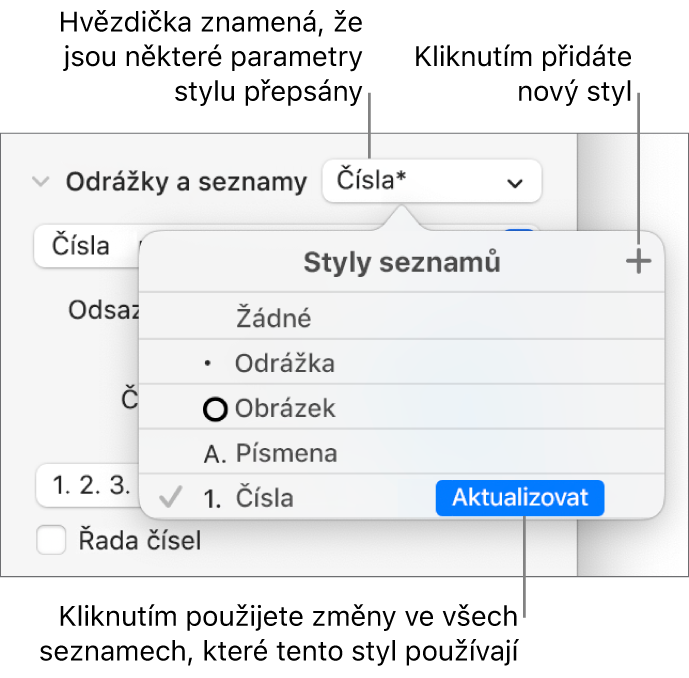 Místní nabídka Styly seznamů s hvězdičkou, která informuje o existenci přepisu, a s popisky u tlačítka Nový styl a podnabídky voleb pro správu stylů