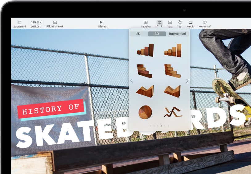 Panel nástrojů s tlačítky pro přidání tabulek, grafů, textových rámečků, tvarů a médií. Vybraný graf zobrazuje tlačítka pro grafy 2D, 3D a Interaktivní Vybrané tlačítko 3D a pod ním jsou volby grafů