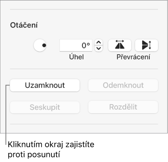 Ovládací prvky pro otočení a seskupení objektů; vyznačeno je tlačítko Zamknout