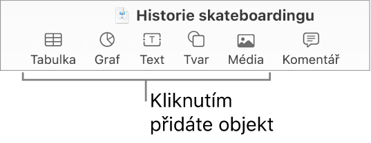 Panel nástrojů Keynote s tlačítky pro přidání objektu na snímek