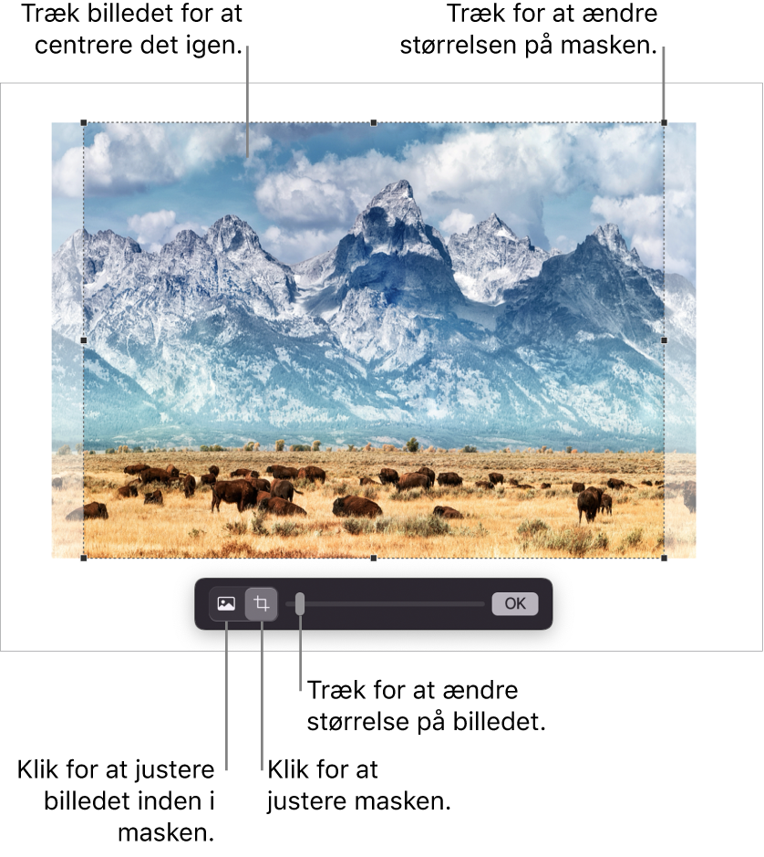 Betjeningsmulighederne til afmaskning over et foto.