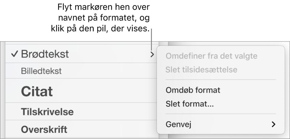 Menuen Afsnitsformater med åben genvejsmenu.