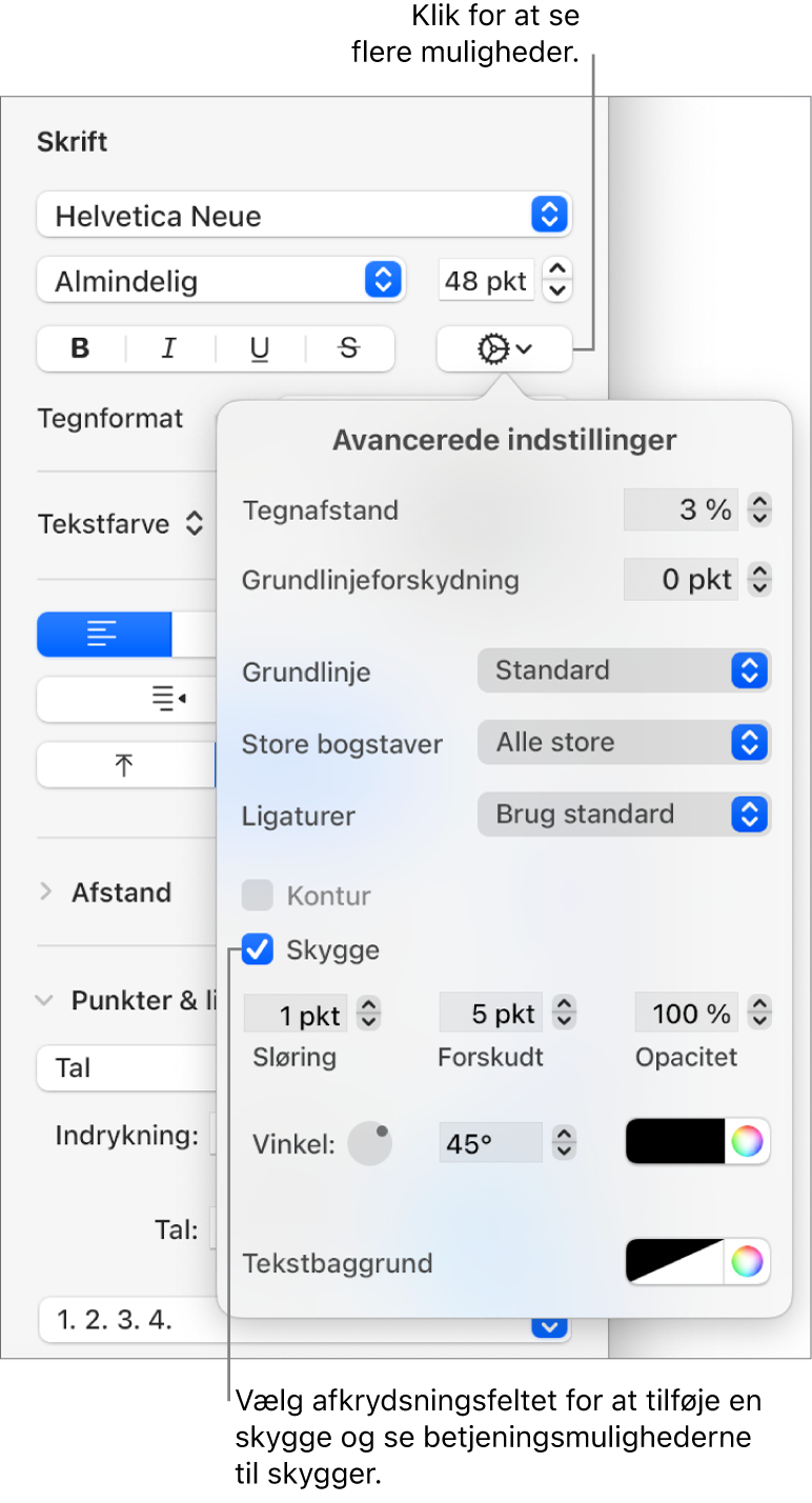 Avancerede indstillinger er åben med afkrydsningsfeltet Skygge valgt og betjeningsmuligheder til indstilling af sløring, forskydning, opacitet, vinkel og farve.
