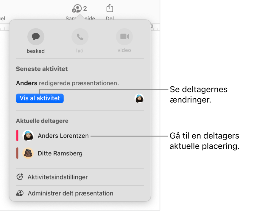 Samarbejdsmenuen, hvor to aktuelle deltagere er angivet.