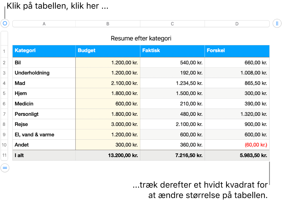 En valgt tabel med hvide kvadrater til ændring af størrelse.