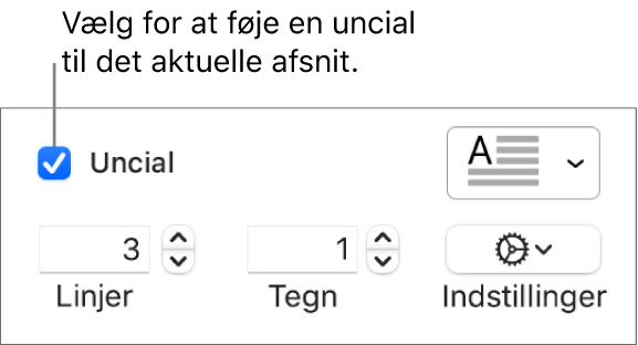 Afkrydsningsfeltet Uncial er valgt, og til højre for det vises en lokalmenu. Under det vises betjeningsmuligheder til indstilling af linjehøjde, antal tegn og andre indstillinger.