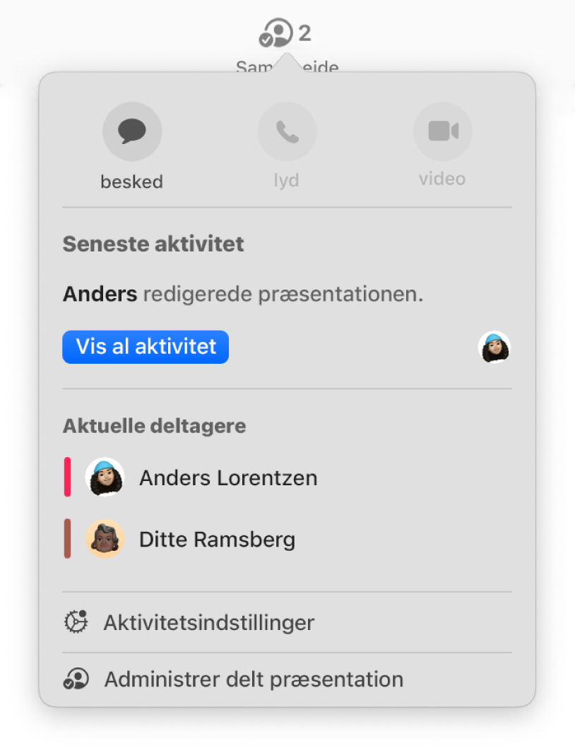 Samarbejdsmenuen, der viser navnene på de personer, der samarbejder om præsentationen.