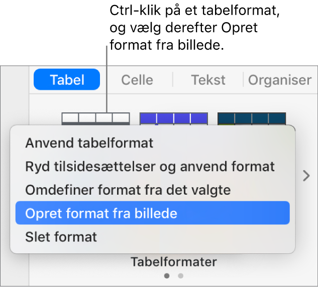 Genvejsmenuen til tabelformater.
