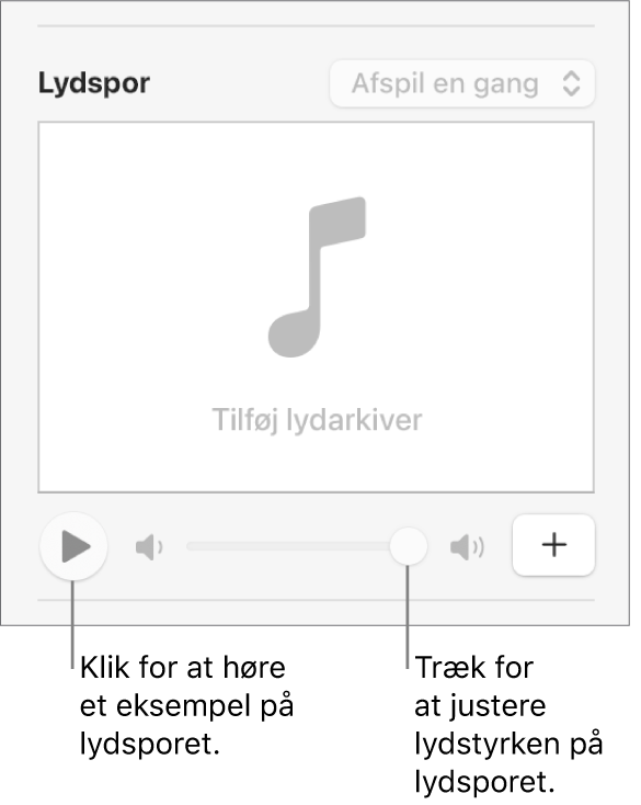 Betjeningsmulighederne til Lydspor med knappen Afspil og mærket til lydstyrke fremhævet.