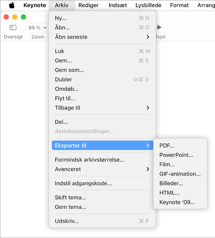 Arkivmenuen åben med Eksporter til valgt og undermenuen med eksportmulighederne PDF, PowerPoint, Film, HTML, Billeder og Keynote ’09.