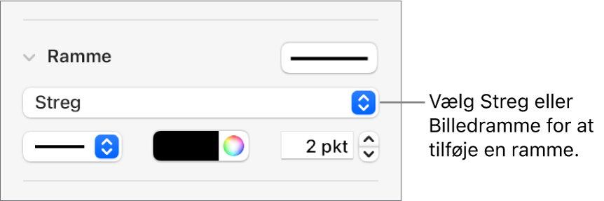 Betjeningsmulighederne til Rammeformat i indholdsoversigten Format med Linjevalg som rammetype.