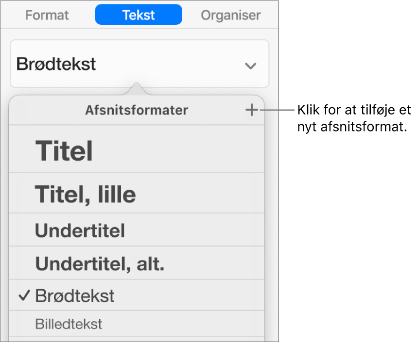 Menuen Afsnitsformater med billedforklaring til knappen Nyt format.