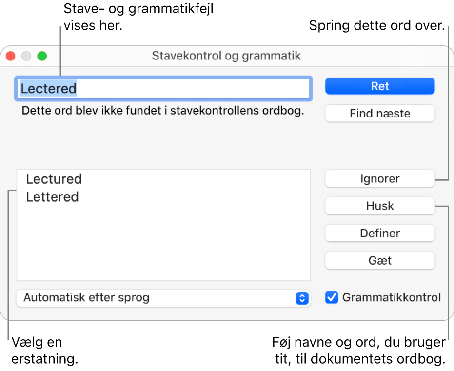 Vinduet Stavekontrol og grammatik.