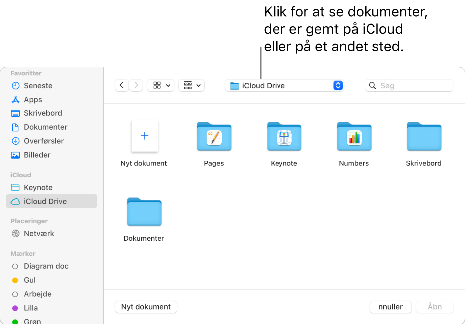 Dialogen Åbn med indholdsoversigten åben til venstre og iCloud Drive valgt på lokalmenuen øverst. Mapper til Keynote, Numbers og Pages vises i dialogen sammen med knappen Nyt dokument.