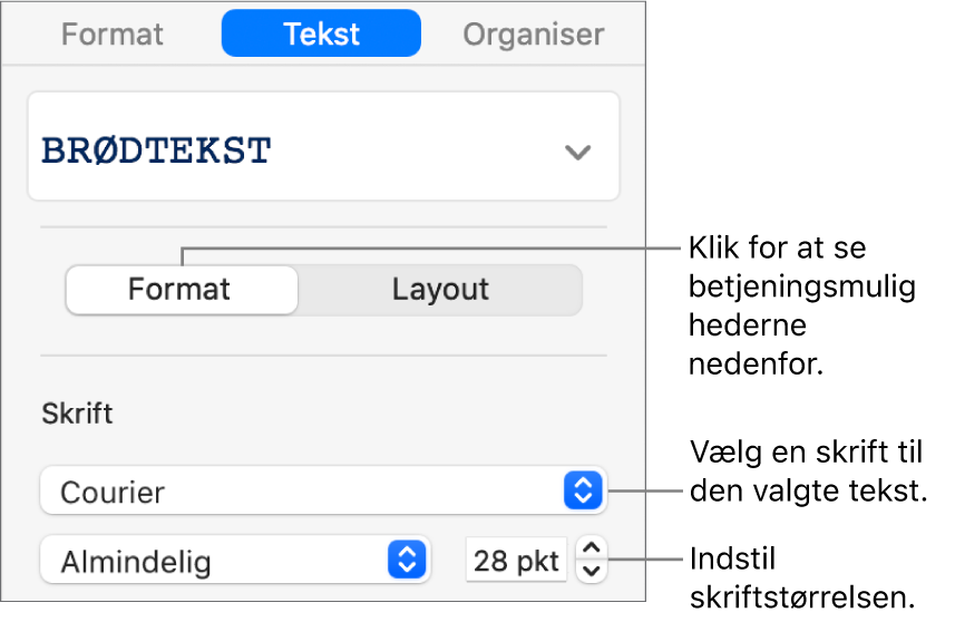 Betjeningsmuligheder til tekst under Format i indholdsoversigten til indstilling af skrift og skriftstørrelse.