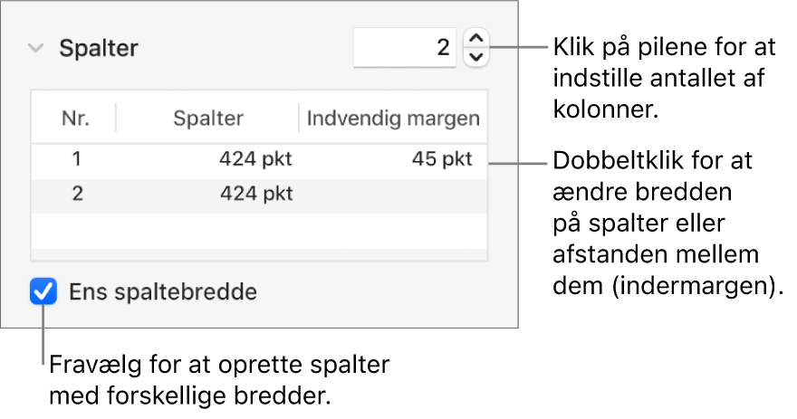 Betjeningsmuligheder under spalter til ændring af antallet af spalter og bredden på hver spalte.