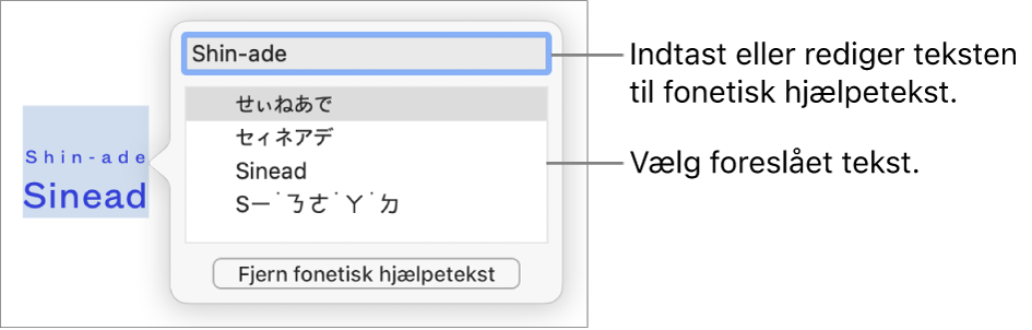 Den fonetiske hjælp åben til et ord med billedforklaringer til tekstfeltet og den foreslåede tekst.