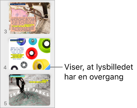 En blå trekant på et lysbillede viser, at lysbilledet har en overgang.