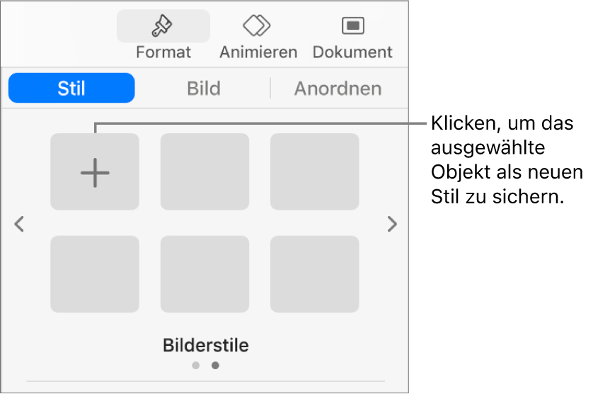 Der Abschnitt „Stil“ der Taste „Format“ mit einem Textfeldstil, einer Taste „Stil erstellen“ rechts daneben und vier leeren Stilplatzhaltern.