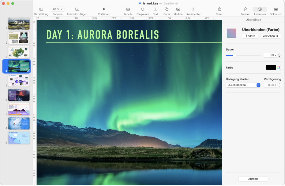 Das Fenster „Keynote“ mit einer ausgewählten Folie im Foliennavigator auf der linken Seite des Bildschirms. Die Steuerelemente „Übergänge“ werden in der Seitenleiste „Animieren“ angezeigt, die auf der rechten Bildschirmseite geöffnet ist.