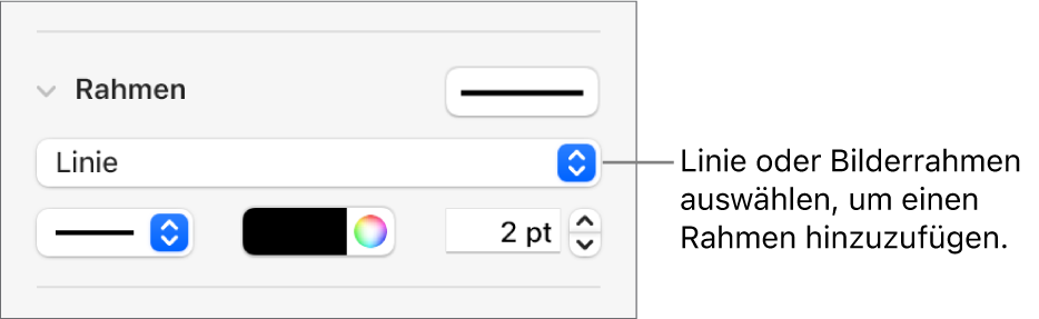 Die Steuerelemente für den Rahmenstil in der Seitenleiste „Format“ und als Rahmentyp ist „Linie“ ausgewählt
