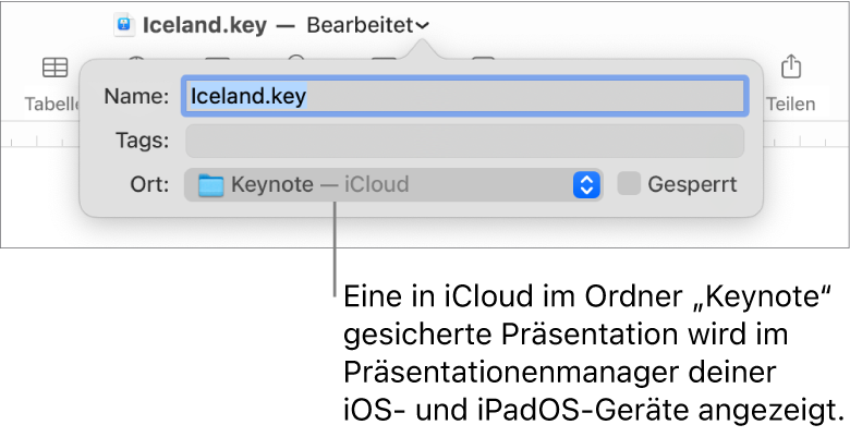 Der Dialog „Sichern“ für eine Präsentation mit der ausgewählten Option „Keynote – iCloud“ im Einblendmenü „Ort“.